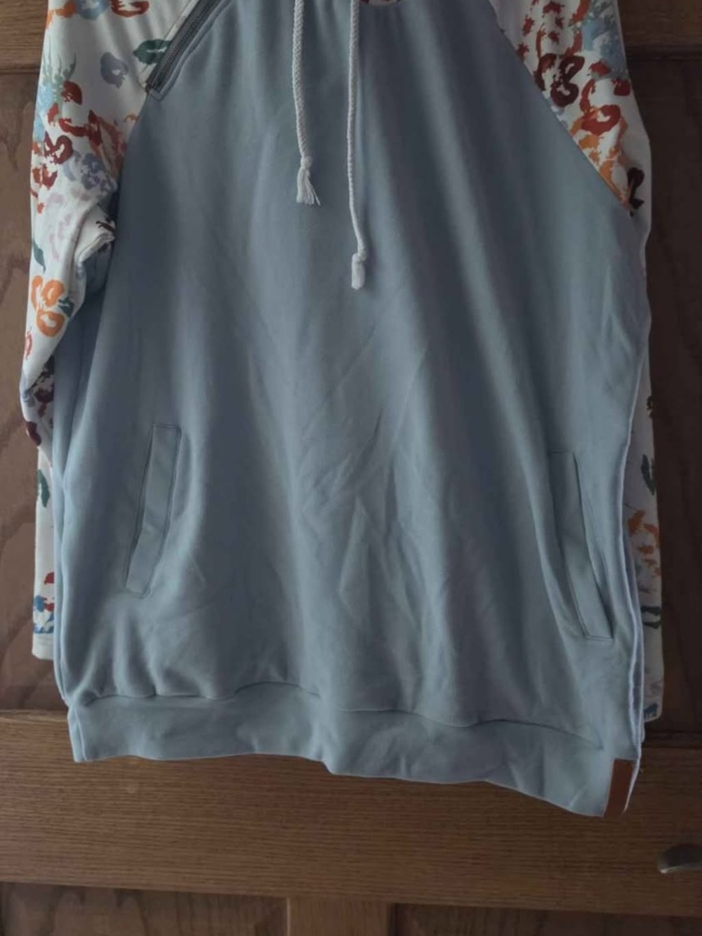 Source Unknown Light Blue Hoodie with Floral Raglan Sleeves